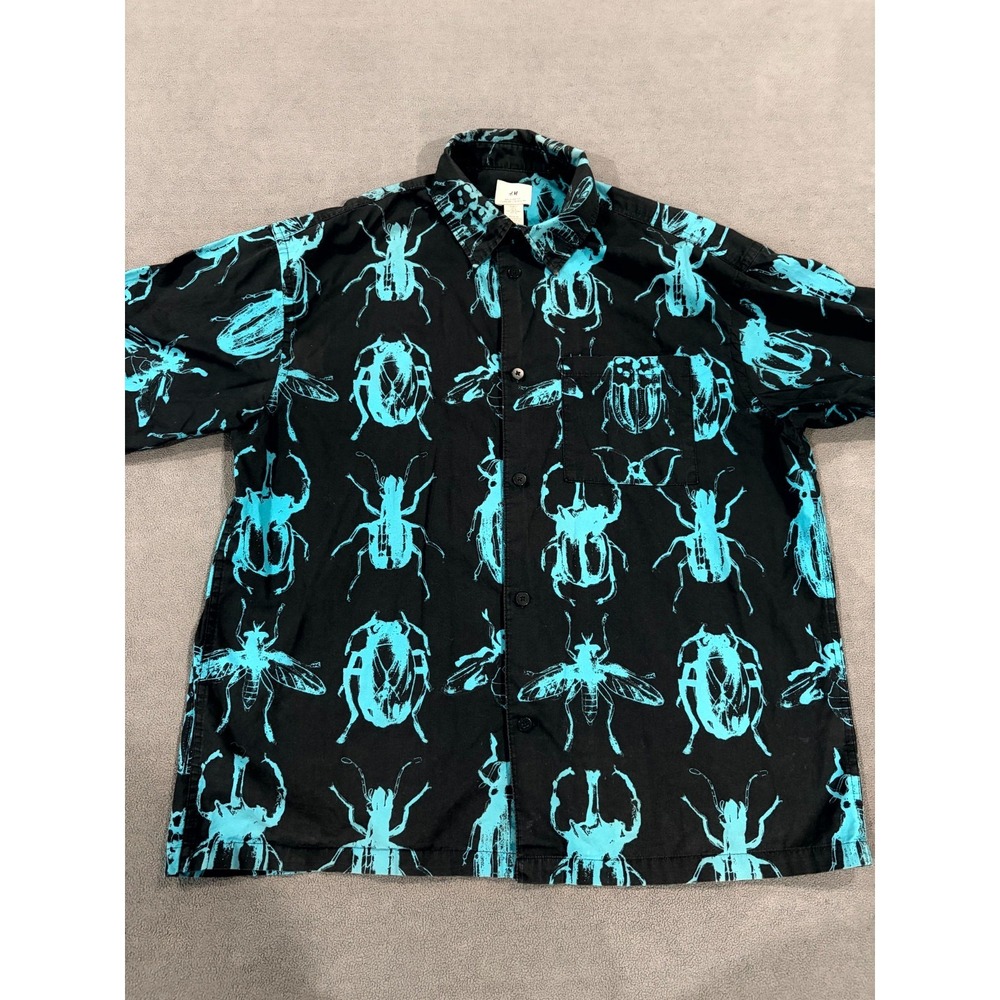 H&M Shirt Mens Large Black Teal Bug Allover Print Relaxed Fit Cotton Button Up